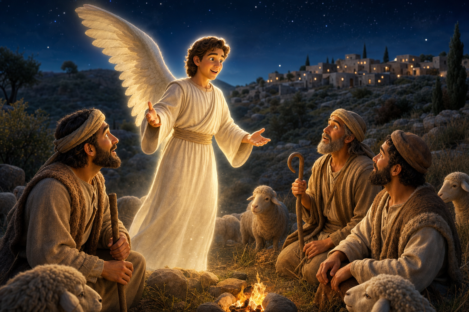 Approved Angel Catholic Phonics lesson illustration: an angel announcing good news to shepherds near Bethlehem.