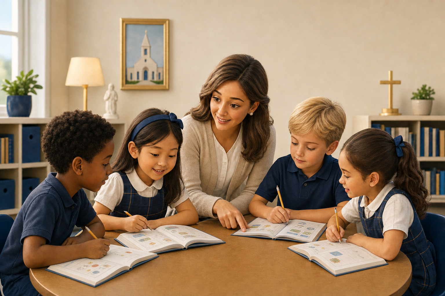 an attentive teacher helping a small naturally diverse group of beginning readers in a welcoming Catholic school classroom, with blank books and no writing