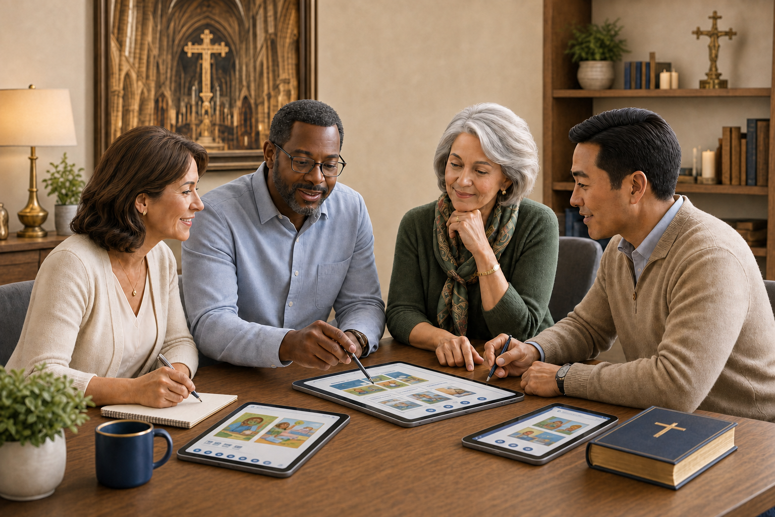 adult school and parish leaders collaborating over blank learning materials in a warm educational meeting room, with calm confident expressions