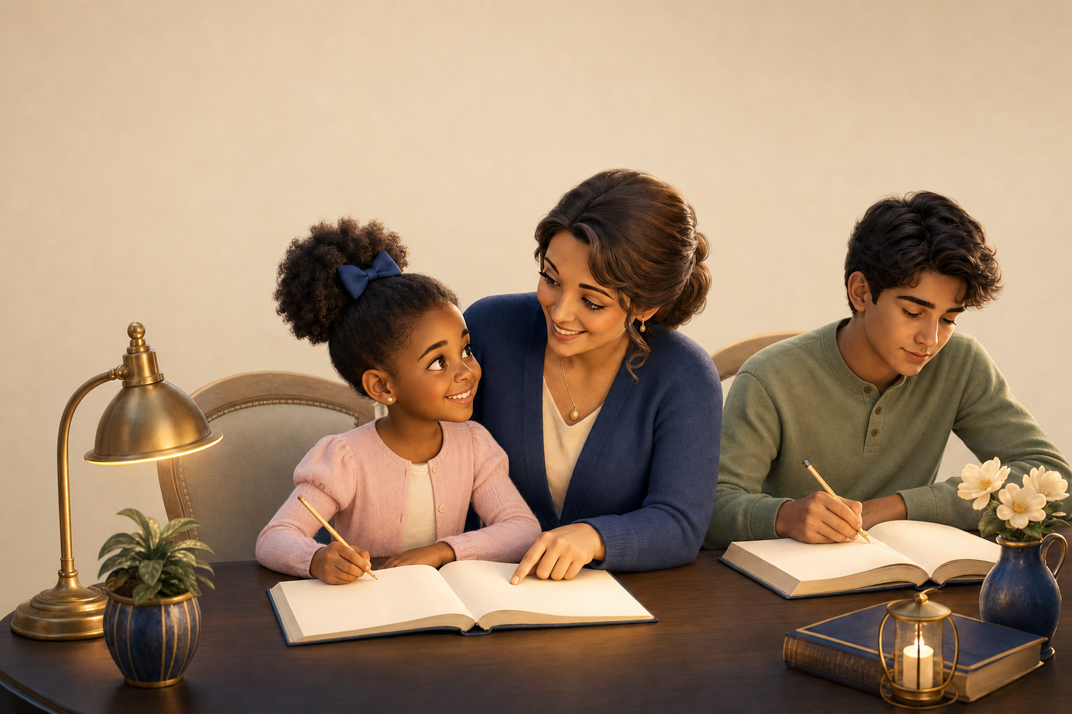 a warm adult tutor encouraging a young beginning reader while an older learner studies nearby, with blank open books and a calm sense of progress