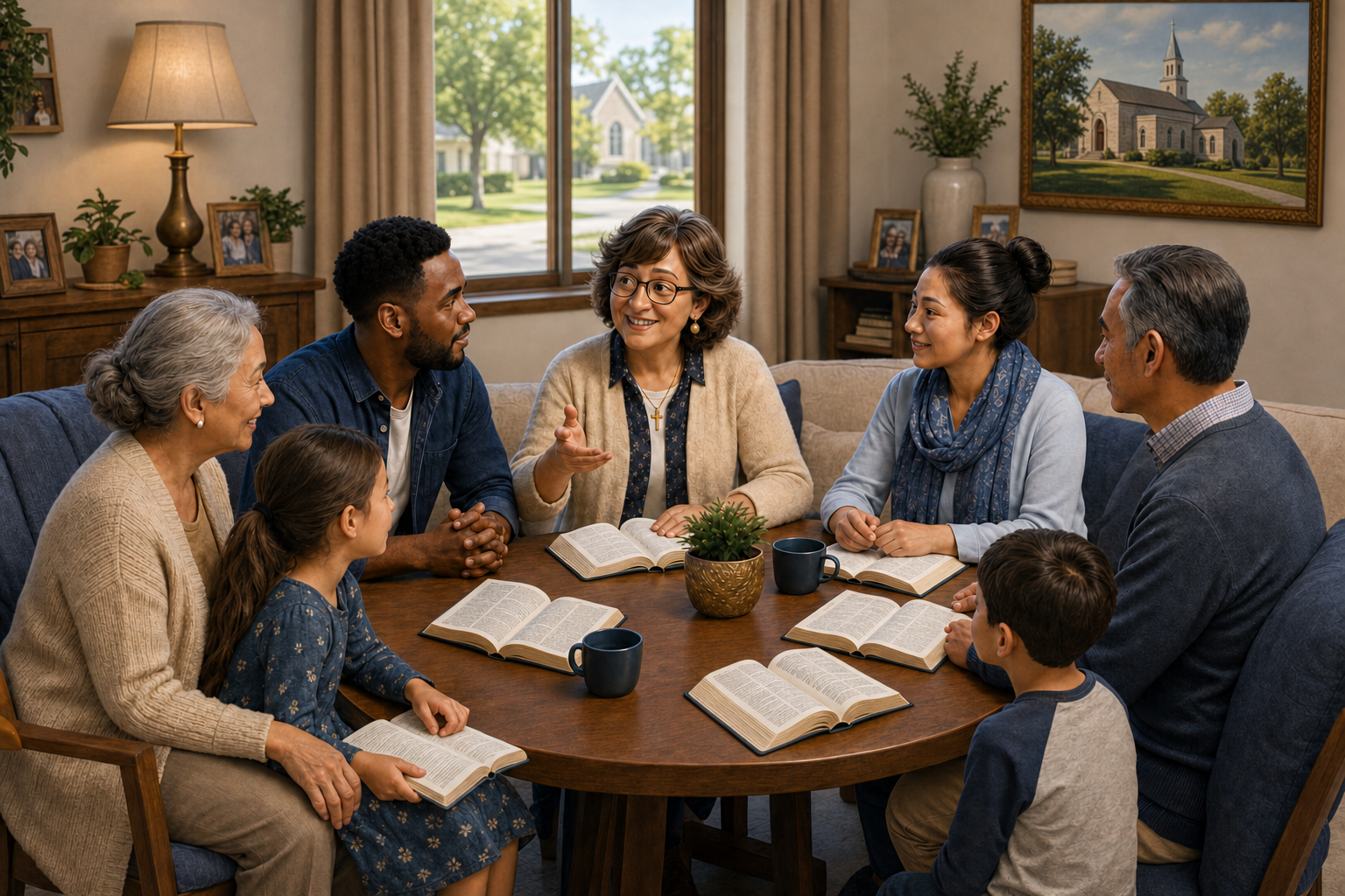 a lay parish educator welcoming families and adult English language learners around a reading table in a simple parish community room, an ordinary educational gathering