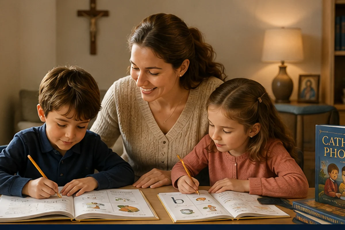 Educator helping children practice phonics and handwriting with Catholic Phonics materials in a home learning setting.