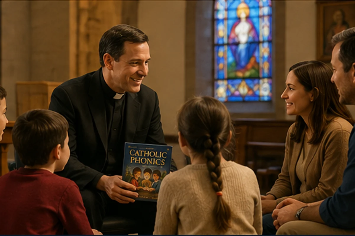 Catholic priest speaking warmly with children and families during a parish learning moment.