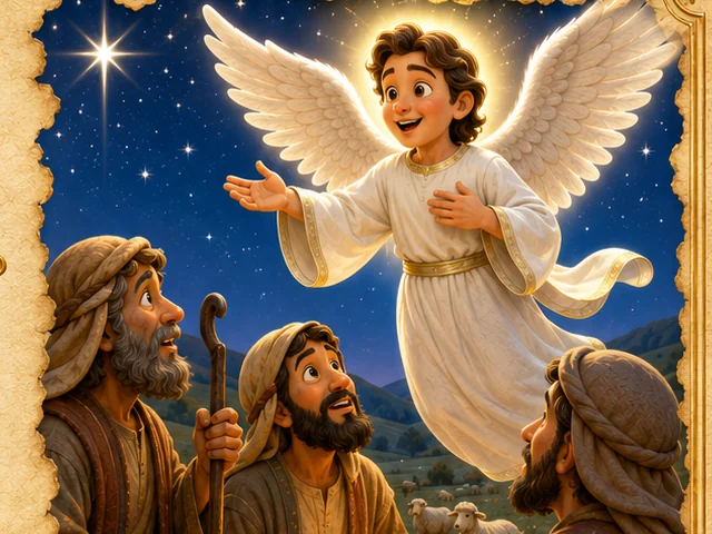 Angel announcing good news to shepherds in a Catholic Phonics lesson illustration.