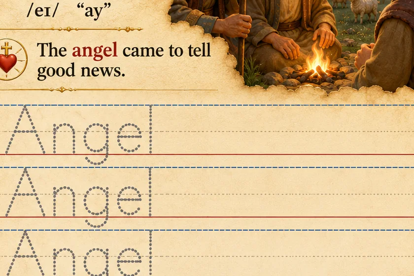 Catholic Phonics handwriting practice detail for the Angel lesson.