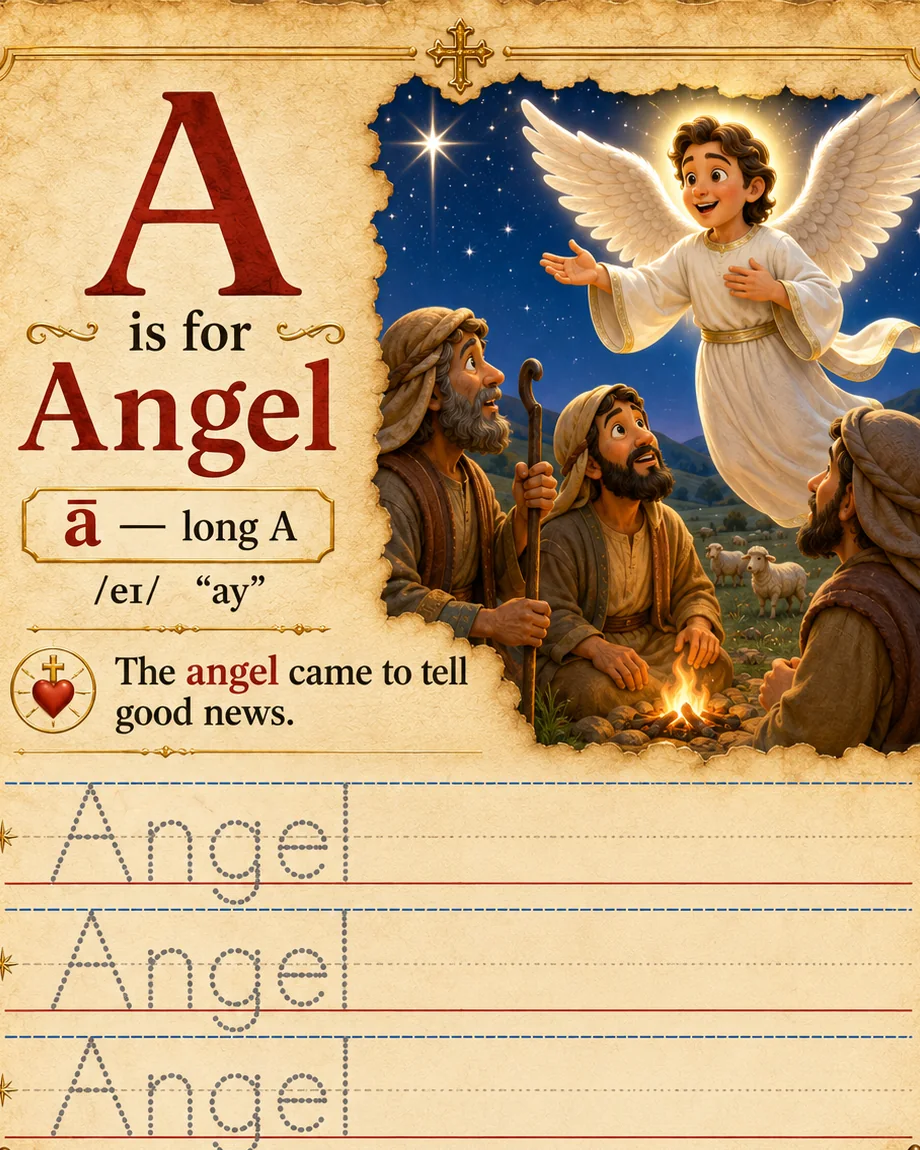 Catholic Phonics Angel lesson preview showing the target word, lesson illustration, bridge sentence, and handwriting practice.